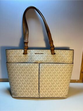 Michael Kors signature Bedford Beige Tote with Tan Leather Straps, Medium